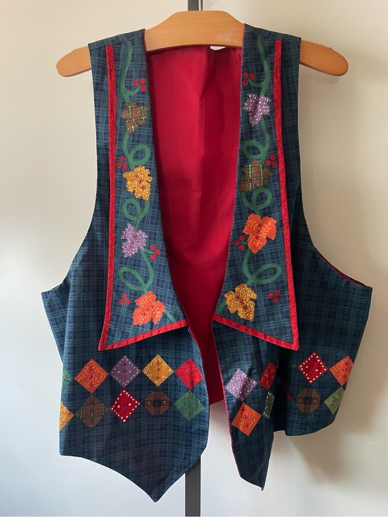 Vintage Jackets & Blazers - Vintage Handmade Artisan Cottagecore Fall Autumn Pumpkin Patchwork Novelty Vest